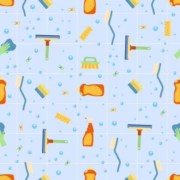Un patrón de dibujos animados con cepillos y spray para botellas para limpiar el fondo azul.