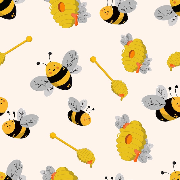 Patrón de dibujos animados sin costuras de abeja de miel con miel y colmena