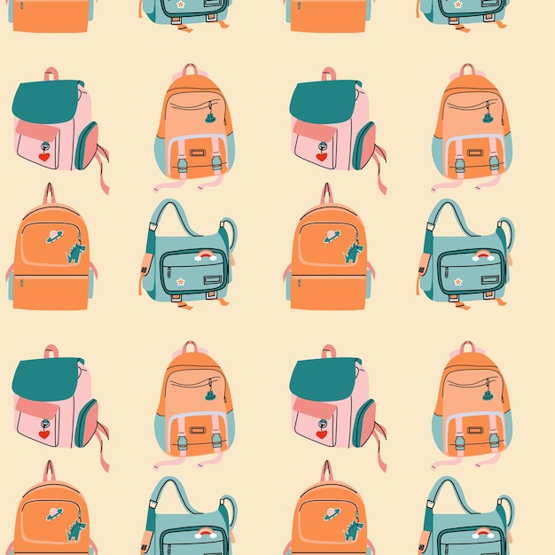 Patrón de dibujos animados escolares con mochilas y mochilas planas y coloridas