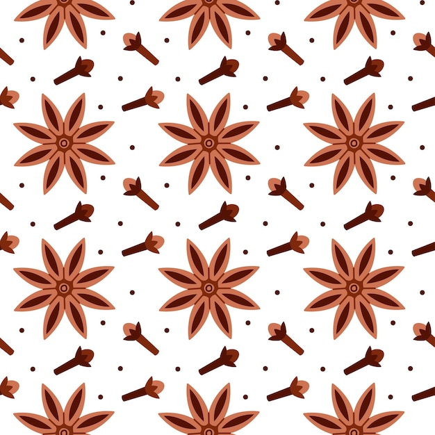 Patrón de dibujos animados de estrella de anís y clavo seco con puntos sobre fondo blanco
