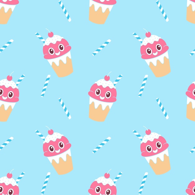 Patrón con dibujos animados helado con bayas sobre fondo azul