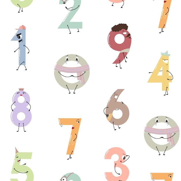 Patrón de dibujos animados lúdicos de números como personajes únicos en colores pastel diseño educativo