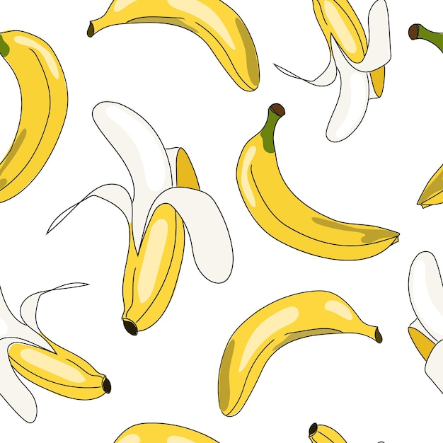 Patrón de dibujos animados de moda con patrón transparente de plátano amarillo sobre fondo blancopatrón de tela vectorial