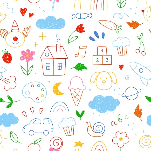 Patrón de dibujos de niños dibujados en estilo doodle Ilustración sencilla y linda sobre fondo blanco