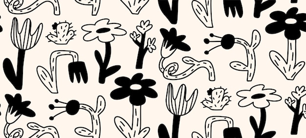 Patrón de dibujos vectoriales sin costuras con flores, cactus, tulipanes y elementos botánicos en estilo lápiz de colores