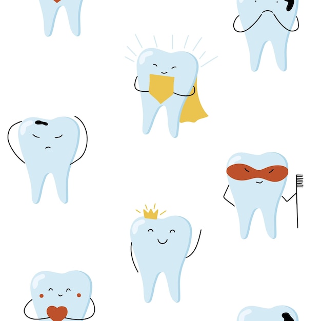 Patrón de dientes Personajes de dientes lindos Ilustración de vector de personaje dental Concepto dental para su diseño Ilustración para odontología infantil Higiene bucal Limpieza de dientes Pegatina de dientes