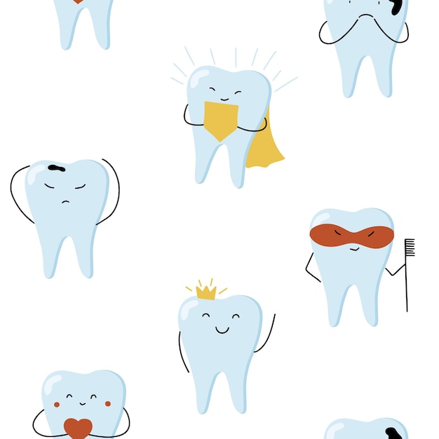 Patrón de dientes personajes de dientes lindos ilustración de vector de personaje dental concepto dental para su diseño ilustración para odontología infantil higiene bucal limpieza de dientes pegatina de dientes