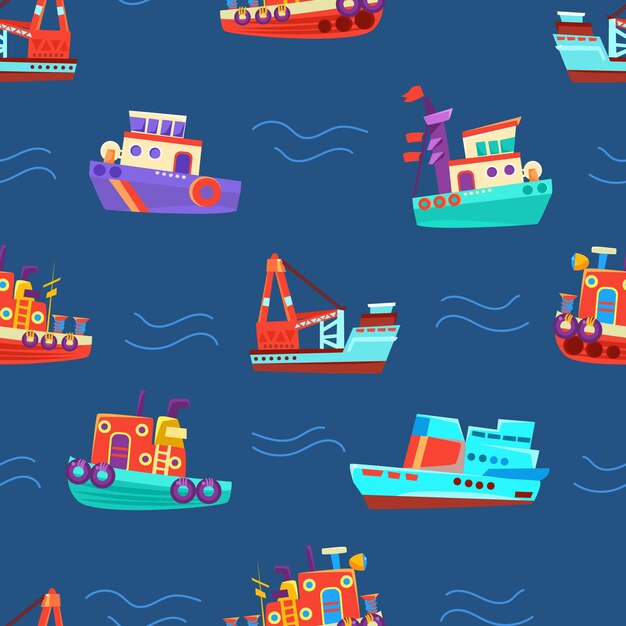 Patrón de diferentes barcos Ilustración vectorial en un fondo azul