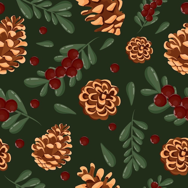 patrón con diferentes conos de coníferas y bayas de acebo rojo en un fondo verde
