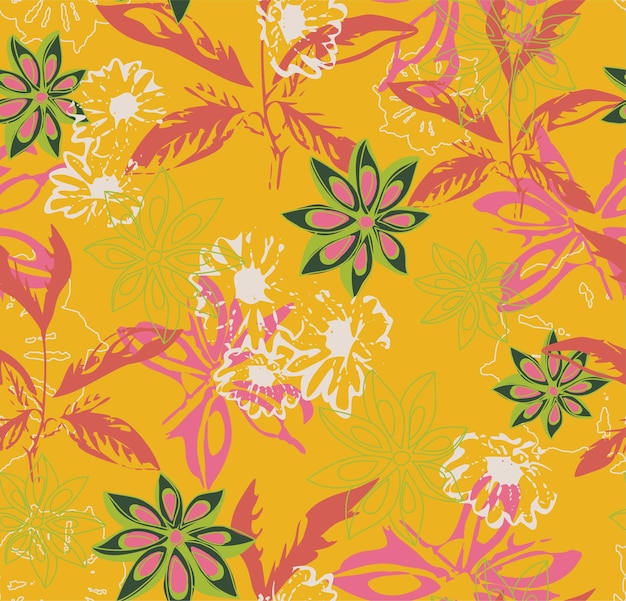 un patrón con diferentes flores y hojas de color hawaiano