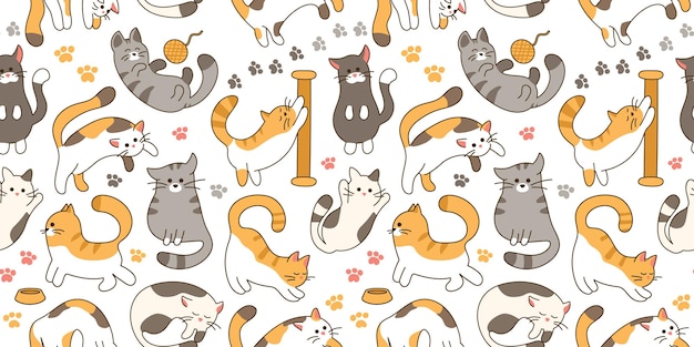 Patrón de diferentes gatos lindos gatitos juegan dormir felinos mascotas se sientan corren y afilan sus garras vector