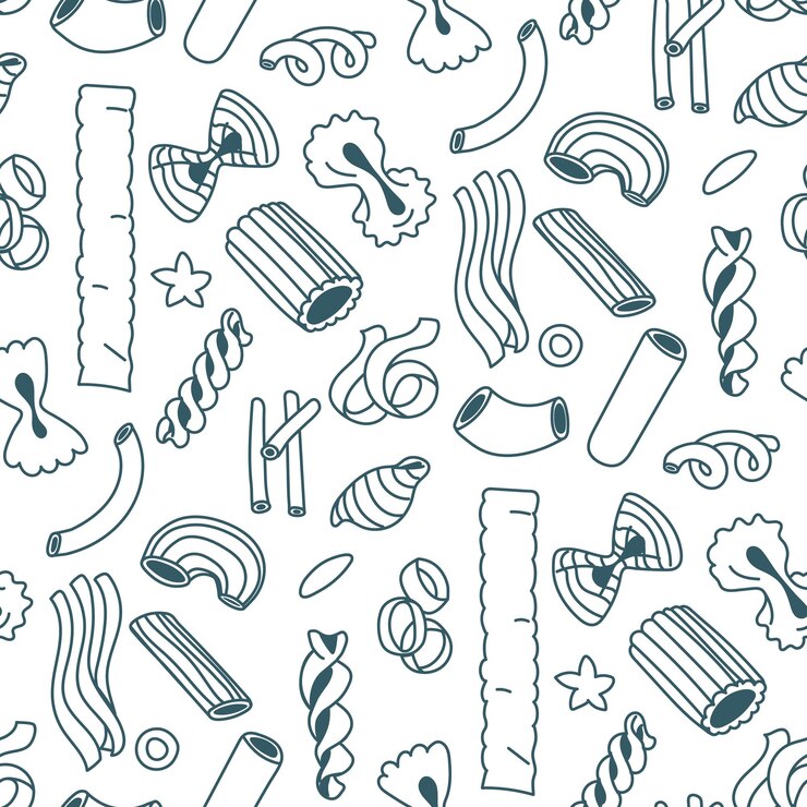 Vector patrón de diferentes tipos de pasta azul con contornos en blanco decoraciones con cocina italiana