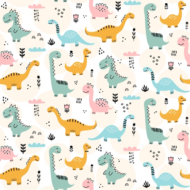 Patrón de dinosaurio lindo - diseño de patrones sin fisuras de dinosaurio infantil dibujado a mano