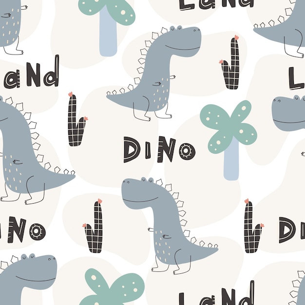 Patrón de dinosaurio lindo - diseño de patrones sin fisuras de dinosaurio infantil dibujado a mano