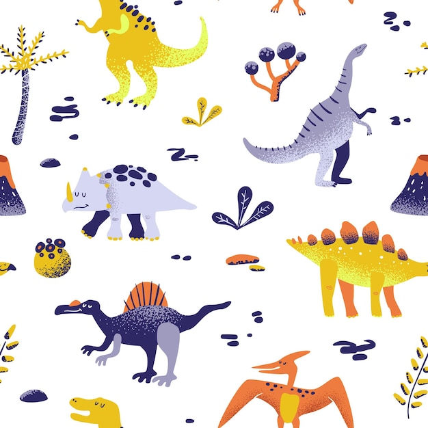 Patrón de dinosaurios de dibujos animados lindo inconsútil. Textura de fondo de vector bebé dino. Telón de fondo para textil, tela, estampado de papel tapiz.