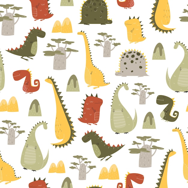 Patrón de dinosaurios en estilo de dibujos animados