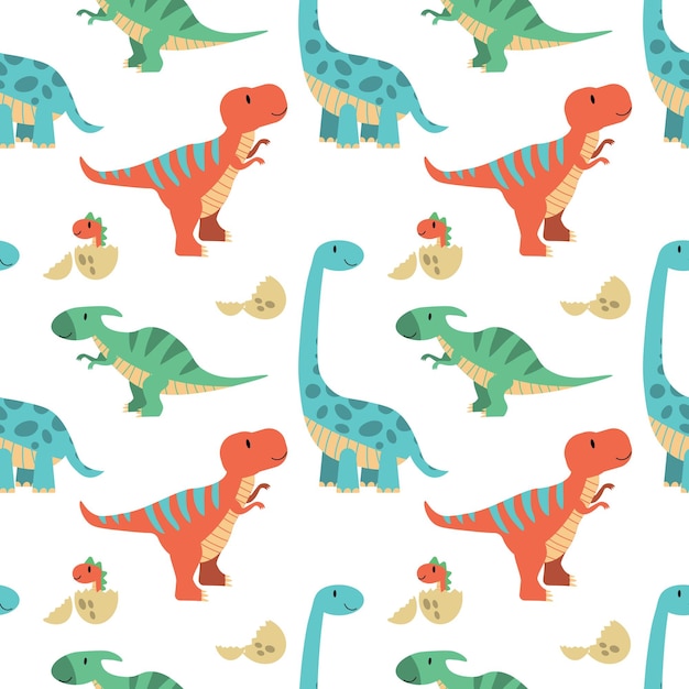 Patrón de dinosaurios de niños divertidos lindos fondo de vector de dinosaurios coloridos telón de fondo para textiles y telas eps