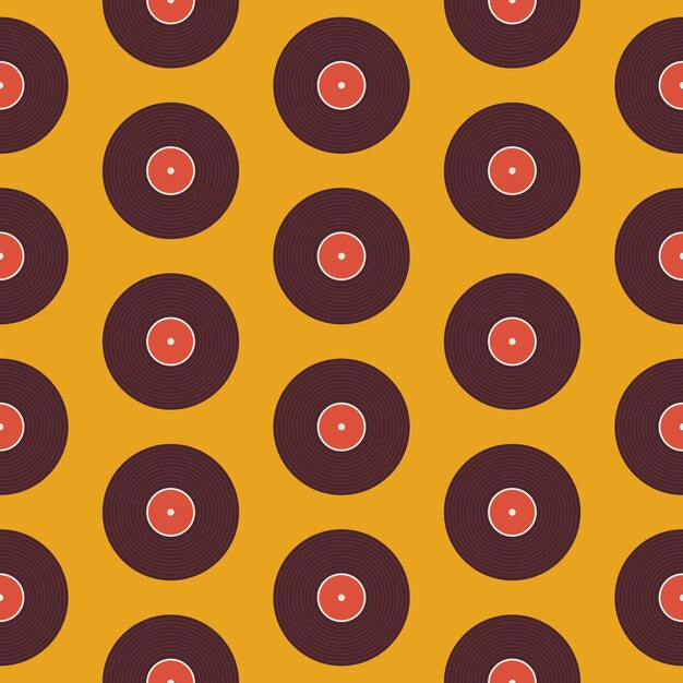 Patrón de disco de vinilo musical sobre amarillo. Fondo de textura transparente de vector de estilo plano. Plantilla musical. Disco de vinilo retro vintage