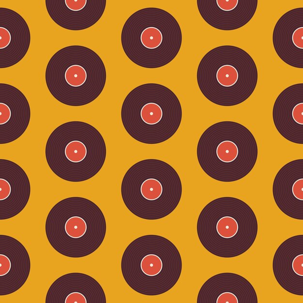 Patrón de disco de vinilo musical sobre amarillo. Fondo de textura transparente de vector de estilo plano. Plantilla musical. Disco de vinilo retro vintage