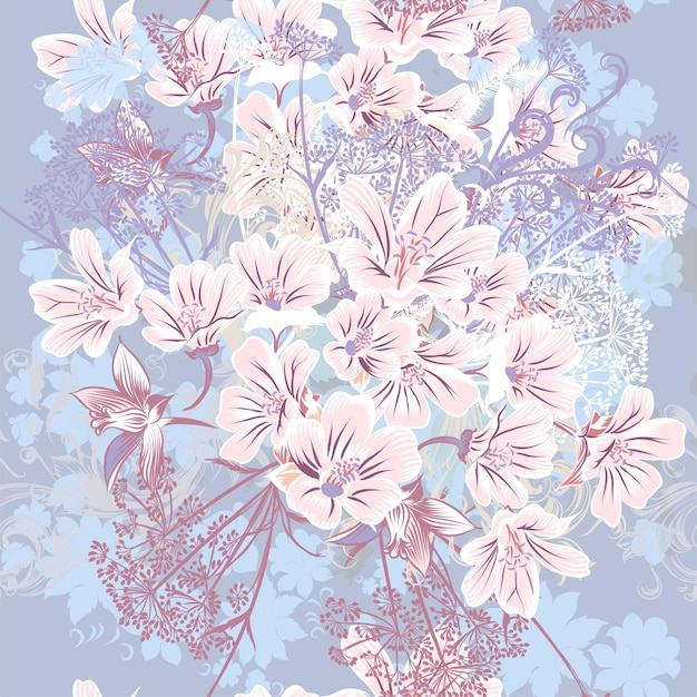 Patrón de diseño floral de tela en estilo vintage con flores rosadas suaves