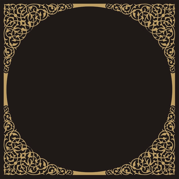 patrón de diseño ornamental en un marco cuadrado y redondo en el diseño de oro en el medio y fondo negro