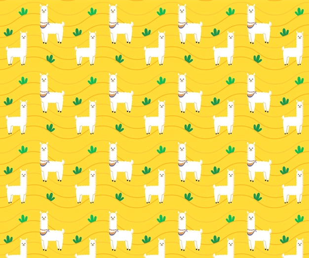 Patrón divertido amarillo con alpacas sobre fondo arenoso