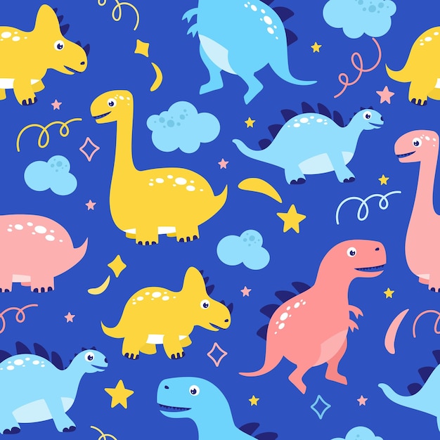 Patrón divertido de dinosaurios en una ilustración de vector de fondo azul En un estilo plano para imprimir