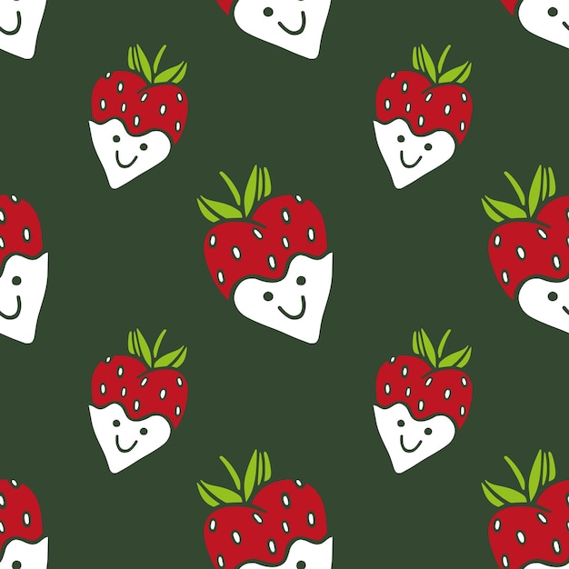 Patrón divertido lindo de fresas de dibujos animados con cara sonriente Patrón de verano de vector transparente con bayas Ilustraciones dibujadas a mano en el estilo de garabatos Aislado para papel de regalo textil