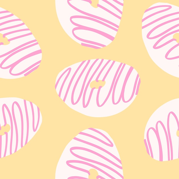 Patrón de donuts sin inconvenientes con crema rosa y base de glaseado blanco en estilo plano de dibujos animados imagen vectorial