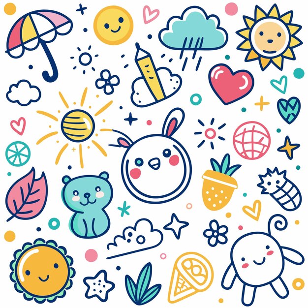 Patrón de Doodle colorido con corazones de sol, animales y flores