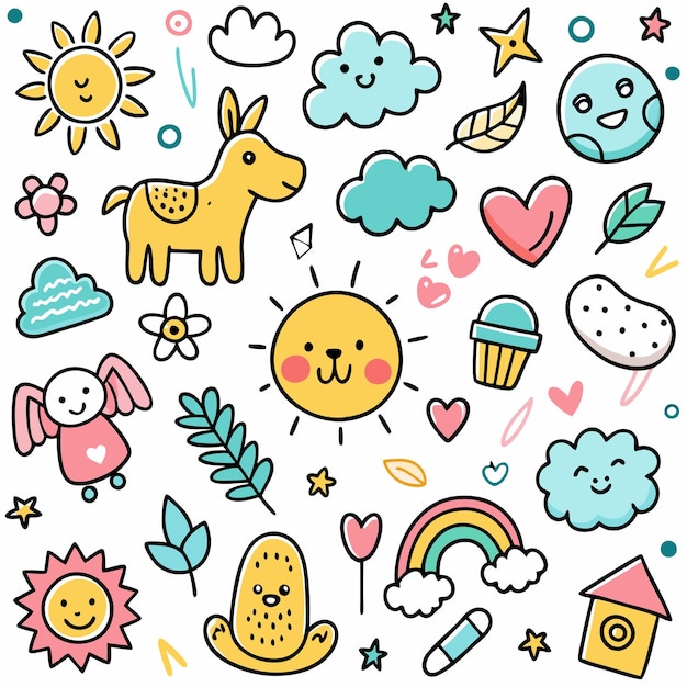 Patrón de doodle colorido con nubes de sol y formas de animales