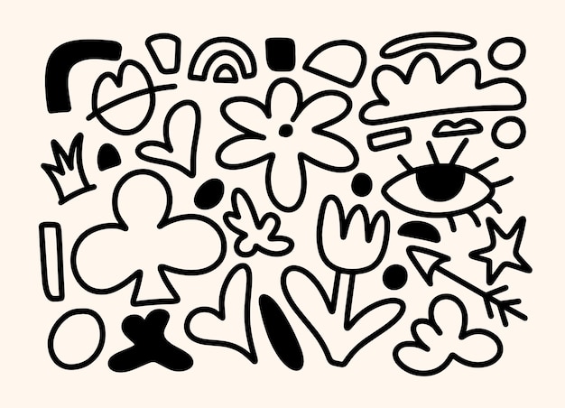 Patrón de Doodle sin costuras vectorial con ojos, corazones, flores, nubes, coronas, flechas y arco iris