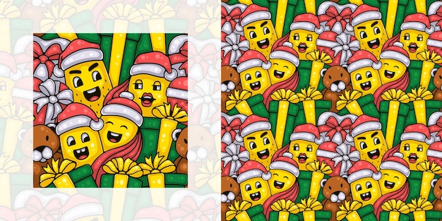 Patrón de doodle transparente de navidad de una familia celebra la navidad con regalos