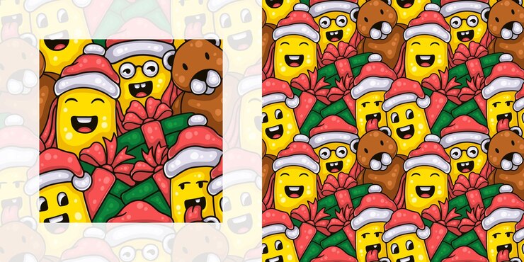 Patrón de doodle transparente de Navidad de niños lindos con regalos de Navidad
