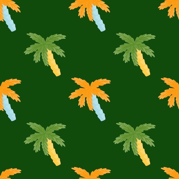 Patrón de doodle transparente de ornamento de palmera naranja y verde. estilo simple. fondo verde oscuro. diseñado para diseño de tela, estampado textil, envoltura, funda. ilustración vectorial.