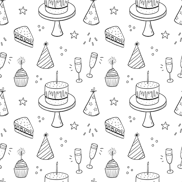 Patrón de doodle transparente con pasteles festivos con velas, sombreros de fiesta y champán