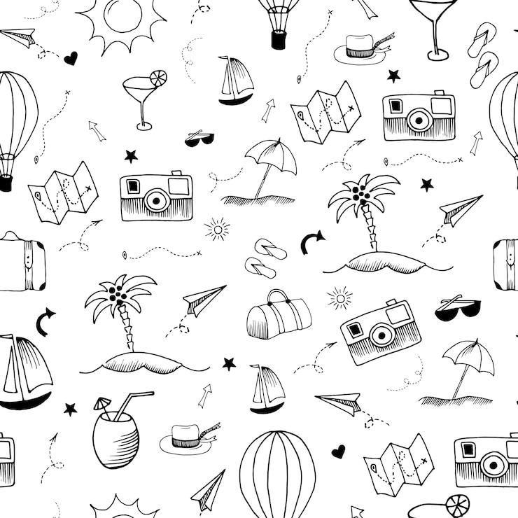 Vector patrón de doodle de viaje. telón de fondo de vector transparente. ilustraciones vectoriales simples sobre fondo blanco transparente.