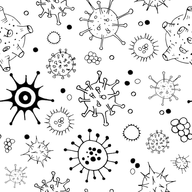 Patrón de doodle de virus y bacterias. Telón de fondo transparente. Células bacterianas de vector de microbiología sobre fondo transparente.