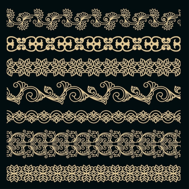 Patrón dorado sin costuras con motivos florales, tallas y mandalas para marcos textiles tradicionales bor