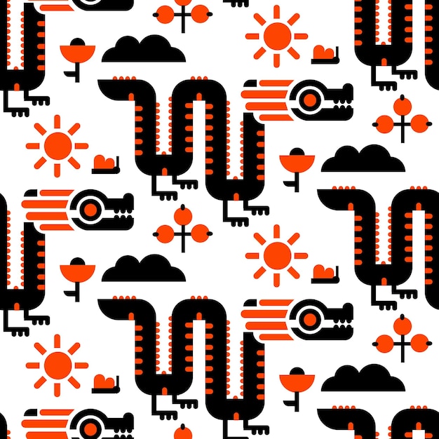 Un patrón con un dragón geométrico de verano en colores naranja y negro elementos estacionales flores