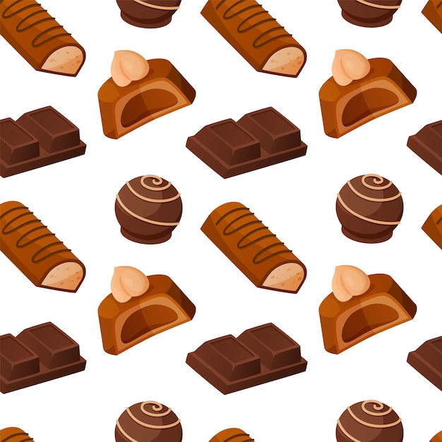 Patrón de dulces de chocolate Textura transparente con dulces de cacao con leche Piezas de bombón de caramelo glaseado Impresión repetida de confitería deliciosa Postre delicioso con nueces y topping Plantilla de fondo vectorial