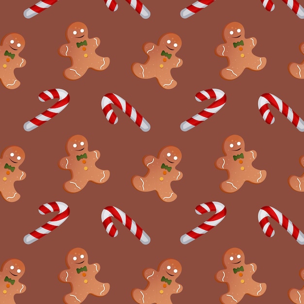 Patrón con dulces navideños y hombres de pan de jengibre sobre un fondo marrón. Ilustración vectorial