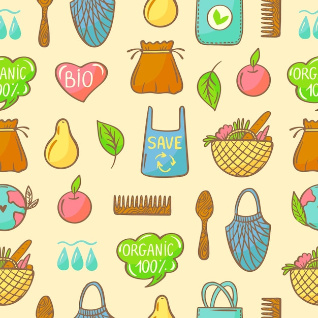 Patrón ecológico sin costuras Reutilizable sin elementos de desperdicio Bolsa de compras y alimentos orgánicos Signos de cocina e higiene de ahorro ambiental Impresión vectorial neotérica