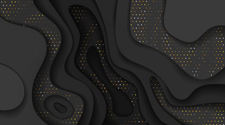 Patrón de efecto de semitono negro y dorado con capas onduladas. Papel realista abstracto corte textura de formas. Fondo de alivio de lujo 3D