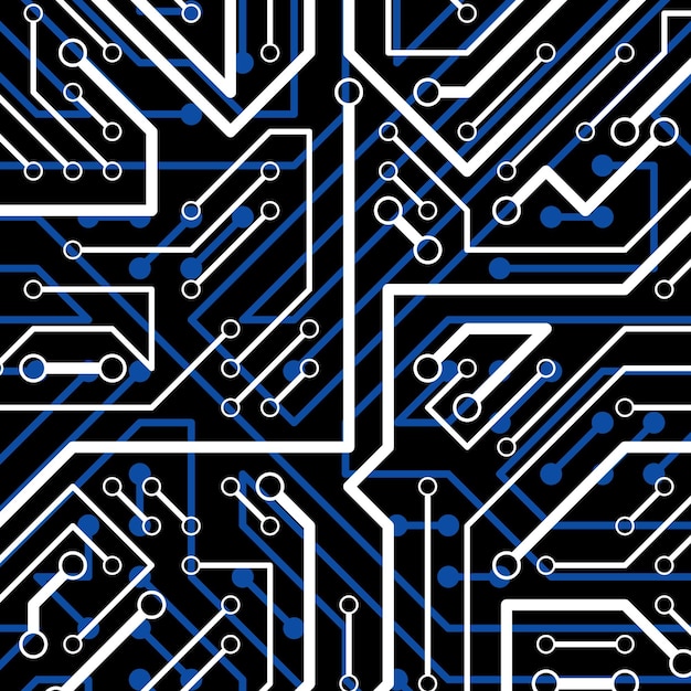 Patrón electrónico vectorial con esquema de microchip, placa de circuito luminiscente, fondo futurista de alta tecnología. Conexiones digitales