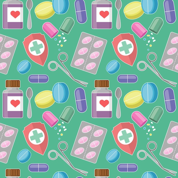 Patrón con elementos de color de botella de pastillas de escudo de jarabe y tijeras
