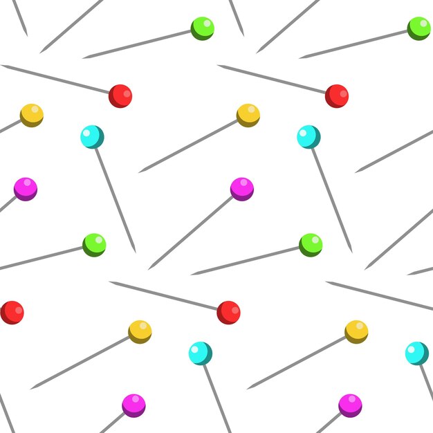 Un patrón de elementos de costura en forma de agujas con cuentas de colores sobre un fondo blanco