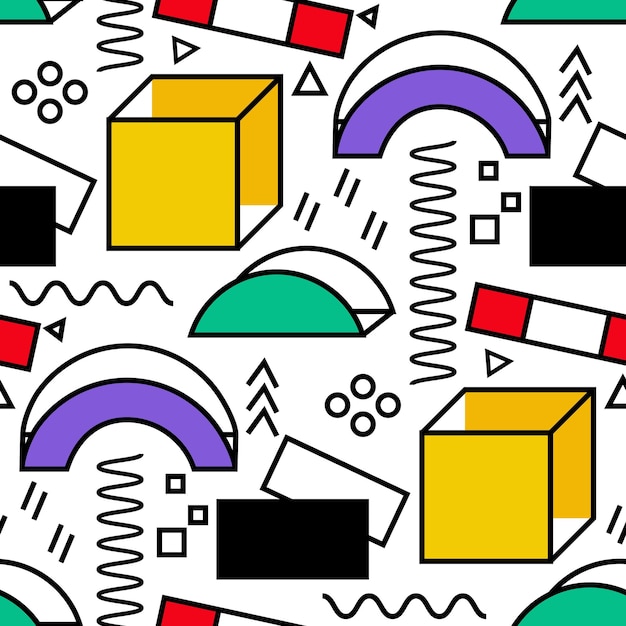 Un patrón de elementos de estilo Memphis Se combinan formas geométricas de media tonalidad de tendencia universal