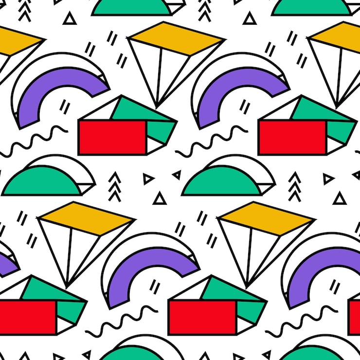Vector un patrón de elementos de estilo memphis universales formas y líneas geométricas multicolores de moda