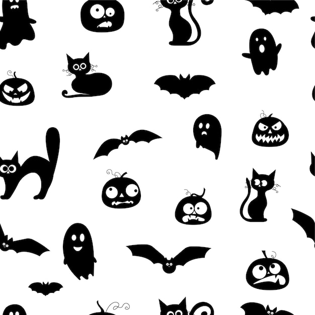 Patrón de elementos de halloween de fantasmas, calabazas, gatos negros, silueta negra de murciélagos sobre un fondo blanco. ilustración vectorial